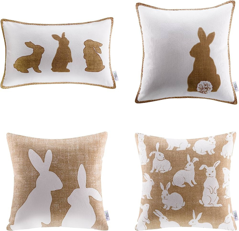 Ashler Linen Easter Pillow Covers 18x18, Spring Rabbit Set of 4 Easter Throw Pillow Cover, Bunny ... | Amazon (US)