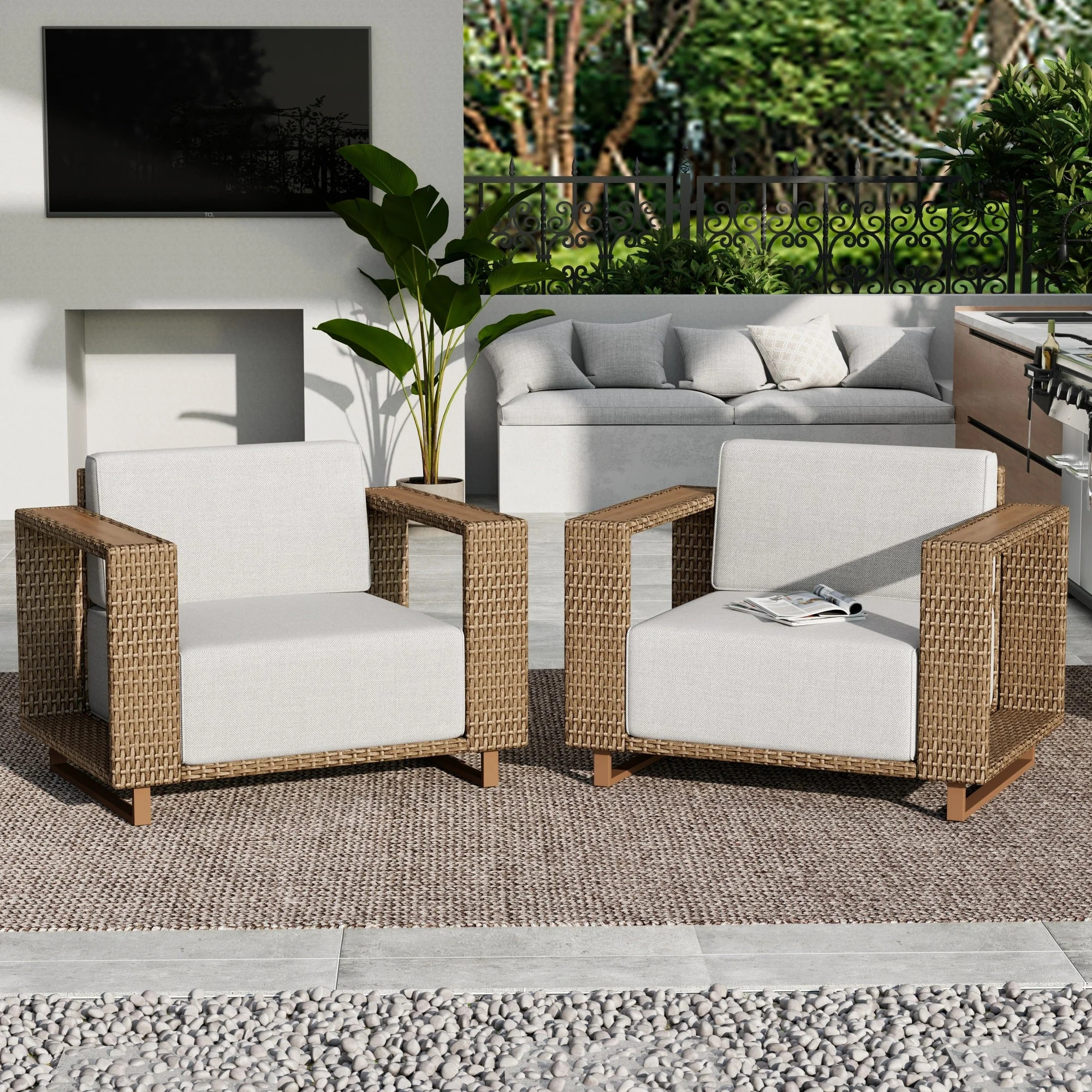MF Studio Patio Furniture Set, 2-Pack Outdoor Wicker Club Patio Chairs with Thick Cushions, Beige | Walmart (US)