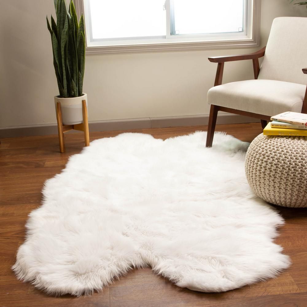 Super Area Rugs Serene Silky Faux Fur Fluffy Shag Rug Snow White 4' x 6' Sheepskin | The Home Depot