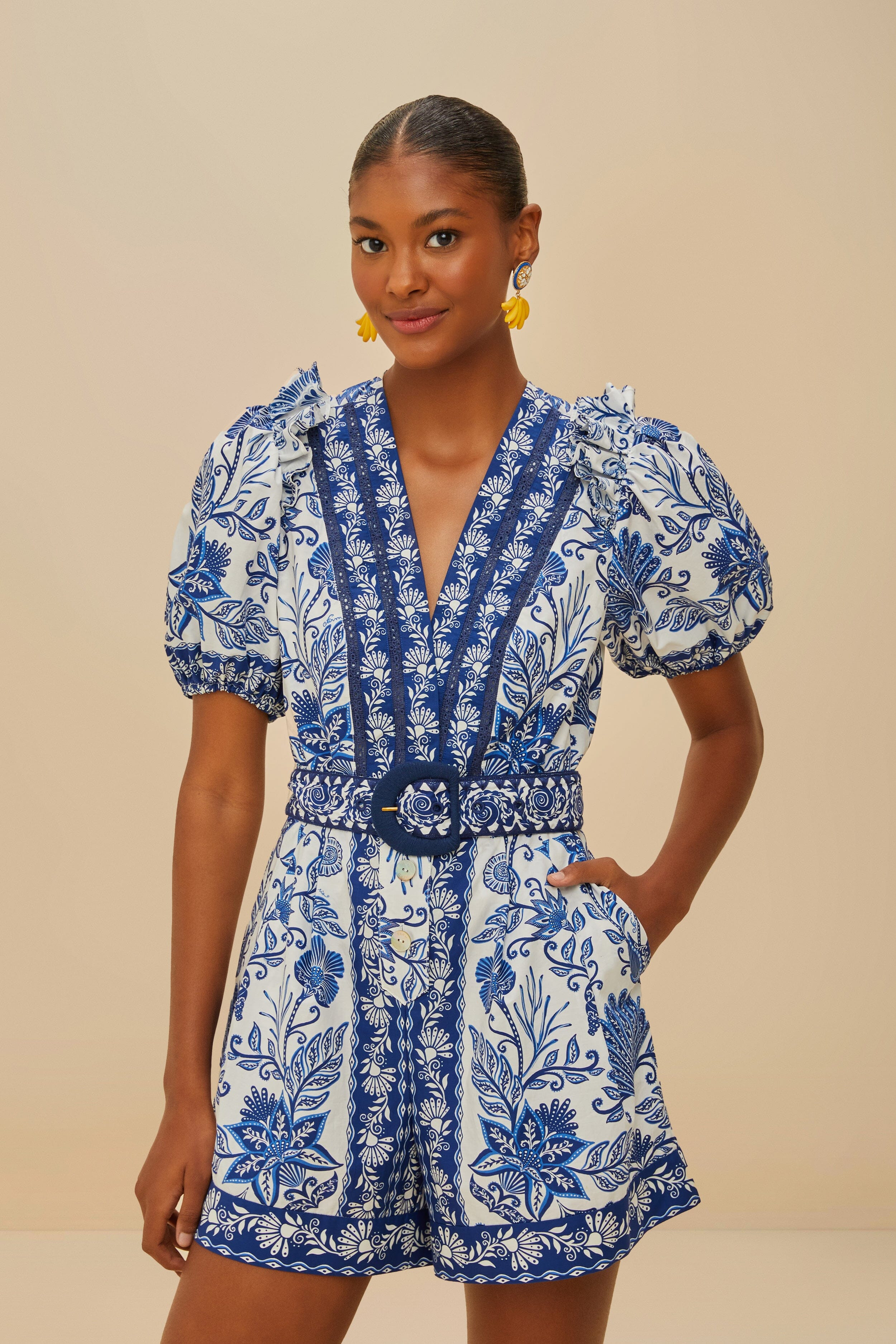 Off-White Shell Garden Organic Cotton Romper | FarmRio (US)