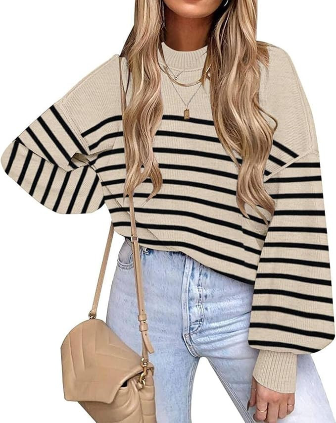 Womens Sweaters Fall 2024 Batwing Long Sleeve Side Slit Knit Tops Crew Neck Striped Oversized Swe... | Amazon (US)
