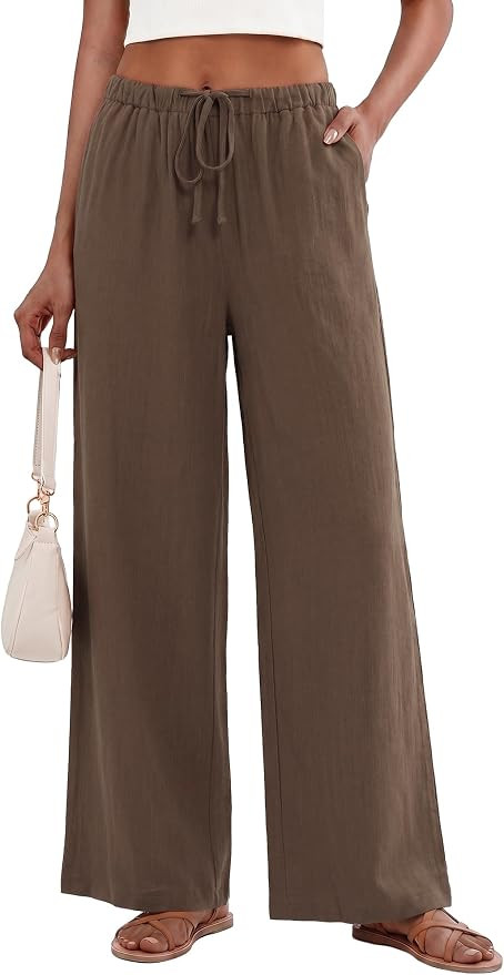 HONGTEYA Cotton Women Linen Pants Wide Leg Palazzo Trousers Summer Beach | Amazon (US)