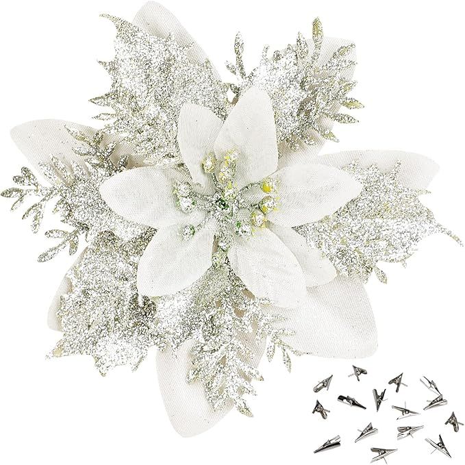 Sawowkuya 15 Pcs Silver Poinsettia Artificial Flowers Glitter Artificial Christmas Flowers Decora... | Amazon (US)