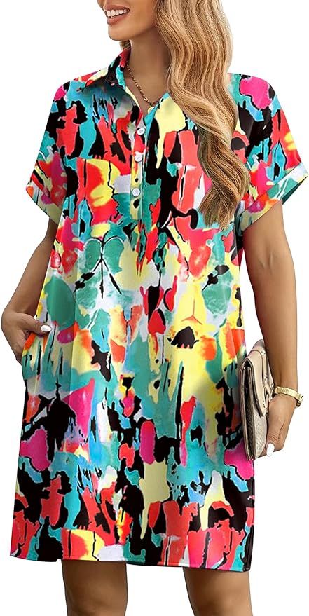 HOTOUCH Womens Summer Shirt Dress Short Sleeve Floral Shift Dress Casual Loose Flowy Beach Sundre... | Amazon (US)