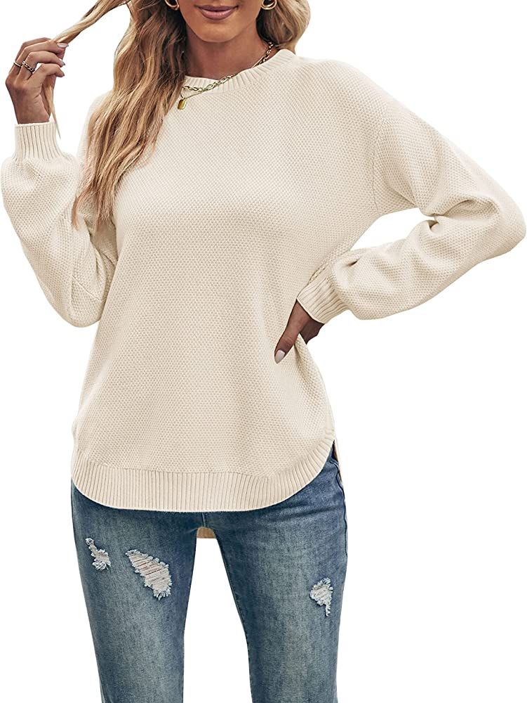 MEROKEETY Women's Long Balloon Sleeve Crew Neck Sweater Tops Waffle Knit Soft Pullover Jumper | Amazon (US)