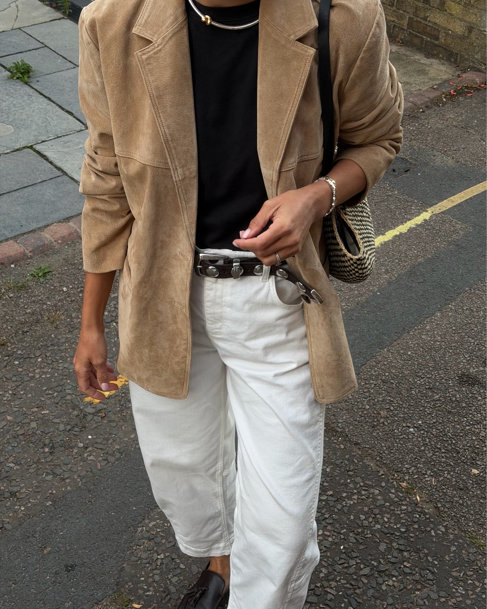 September outfit - what to wear when you don’t have anything to wear: white jeans + black T-shirt + suede blazer + loafers

#LTKuk #LTKautumn #LTKstyletip