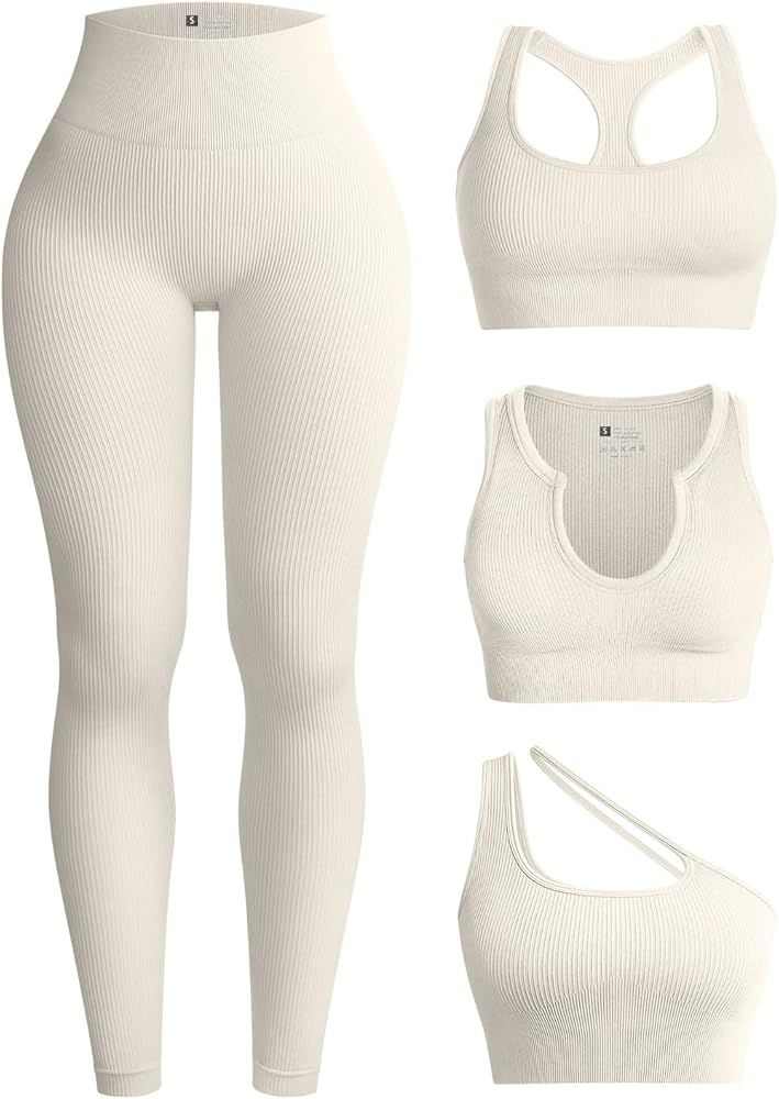 OQQ Womens 4 Piece Workout Outfits Ribbed Yoga High Waist Leggings with 3 Piece Crop Tops with Sp... | Amazon (US)