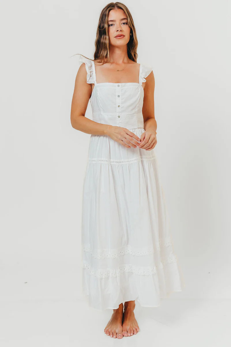 Diana Lace Trim Tiered Detail Ruffle Strap Midi Dress in Off White | Worth Collective