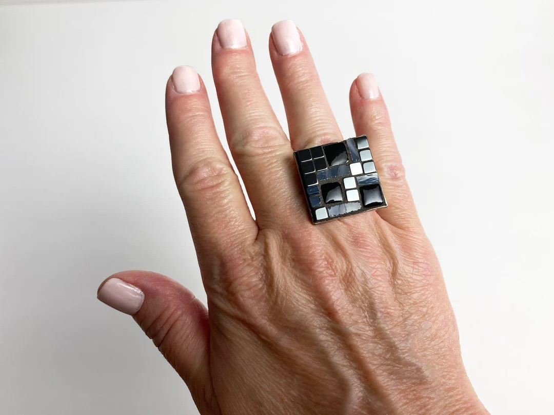 Hematite, Black Glass, Gray Stained Glass, Mosaic Ring, Statement Ring, Square Silver Ring, Art R... | Etsy (Global)