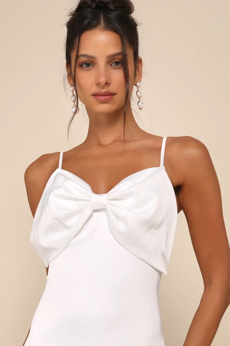 Extravagantly Sleek White Satin Sleeveless Bow Midi Dress | Lulus