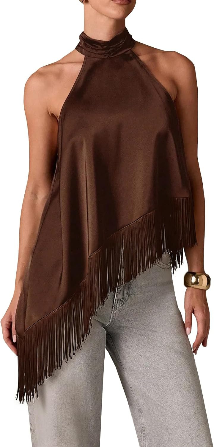 Women Fringe Satin Tank Top Y2K Mock Neck Halter Crop Top Sleeveless Silk Tassel Trim Tops Going Out | Amazon (US)