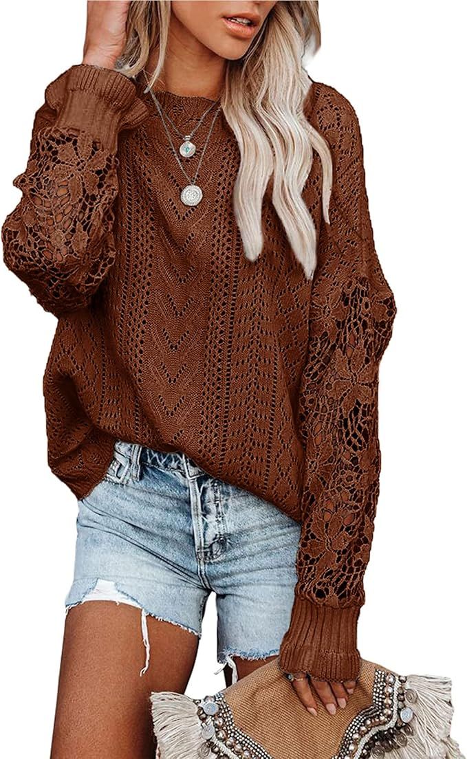 BTFBM Long Sleeve Hollow Out Sweater Casual Cute Crochet Lace Pointelle Knit Pullover Crew Neck L... | Amazon (US)