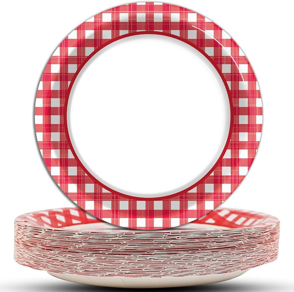 48 Pcs Red and White Plates Gingham Checkered Plaid Dessert Plates Red Gingham Picnic Party Plate... | Amazon (US)