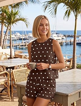 Ythomm Womens Polka Dot Two Piece Lounge Sets Summer Sleeveless Tops Drawstring Linen Shorts Matc... | Amazon (US)