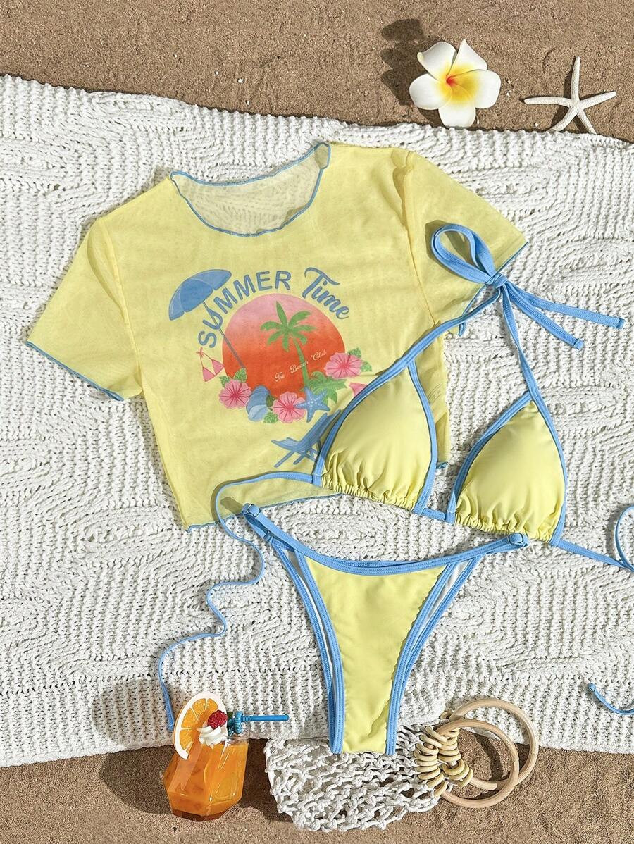 Swim Mod 2025 New Women's Printed Triangle Bikini Top With Mesh Panel Bikini Set Set, Casual Sexy... | SHEIN