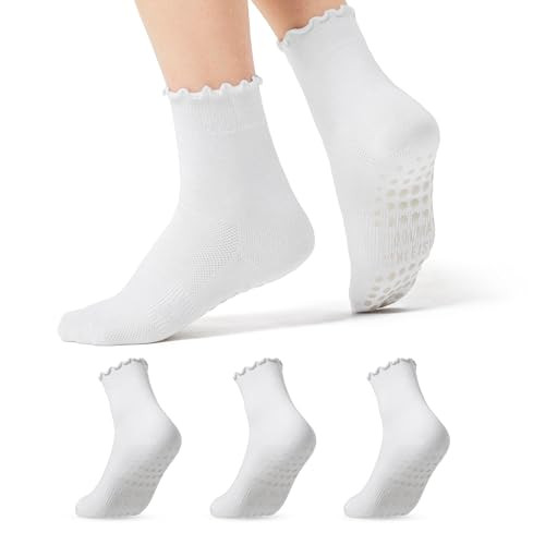 COOLMATE 3 Pairs Ruffle Pilates Socks with Grips for Women, Cute Non - Slip Crew Socks for Yoga, Barre, Lagree, Pregnant (US, Numeric, 6, 10, Regular, Regular, 3, Off-White) | Amazon (US)