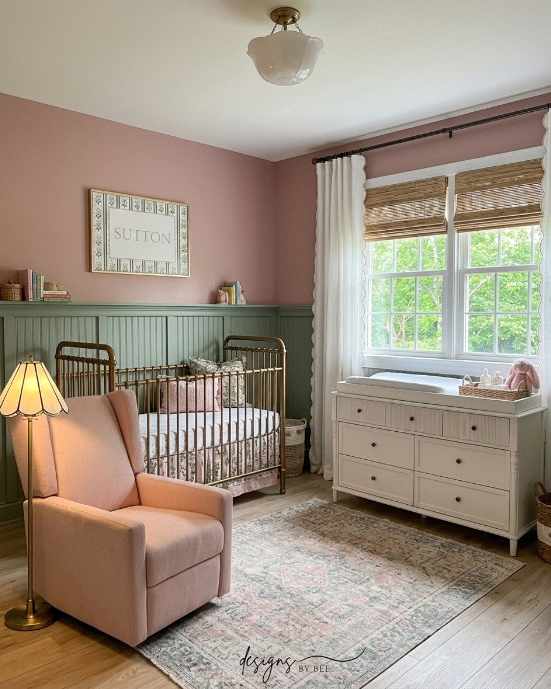 Modern Traditional, Vintage-Inspired Nursery, Grandmillennial Baby, Cottagecore Nursery, Heirloom Nursery, Classic Baby Room, Serene Nursery Design, Sage Green and Pink, Soft Pastels, Muted Nursery Colors, Blush Pink Decor, Cream and Green, Brass Accents, Scalloped Dresser, Scalloped Mirror, Scalloped Rug, Spindle Crib, Gold Metal Crib, Beadboard Wainscoting, Pink Glider Chair, Cream Nursery Glider, Rattan Floor Lamp, Vintage Style Rug, Scalloped Curtains, Nursery Wall Art, Nursery Mood Board, Baby Girl Nursery, Gender Neutral Nursery, Nursery Inspo, Nursery Decor Ideas, Baby Room Design, Interior Design For Kids 

 #LTKmomlife #LTKHome #LTKBaby