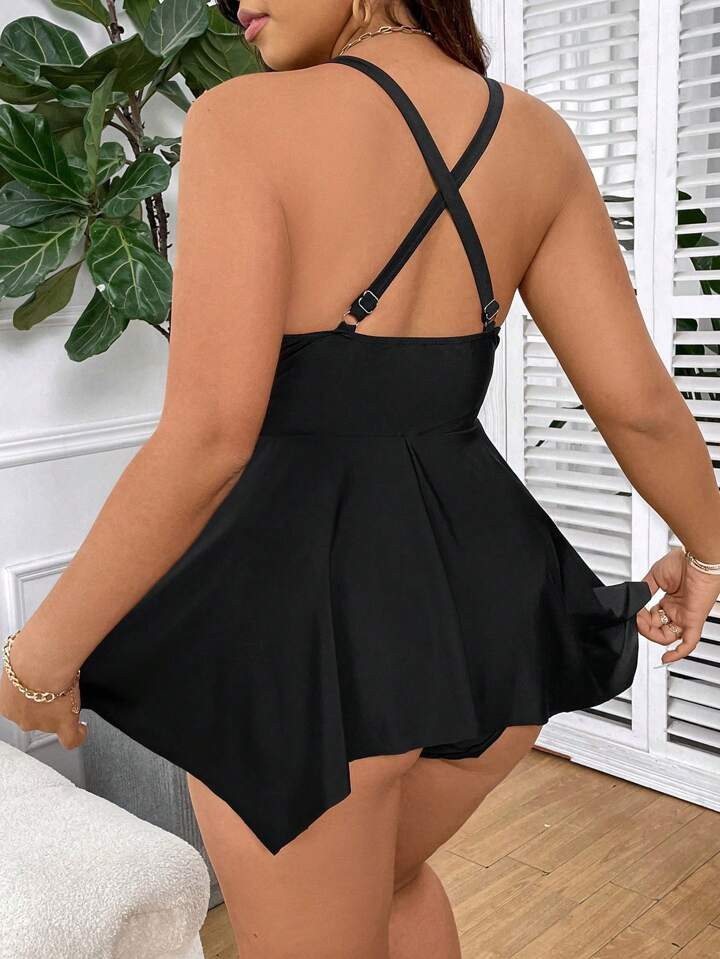 SHEIN Swim Curve Plus Size Summer Beach Lace Holiday Elegant Deep V-Neck Swim Dress & Swim Bottom | SHEIN