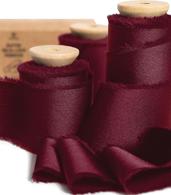 Vitalizart Silk Satin Ribbon 1-1/2 inch x 15 Yard Burgundy Red Handmade Frayed Ribbons for Gift W... | Amazon (US)