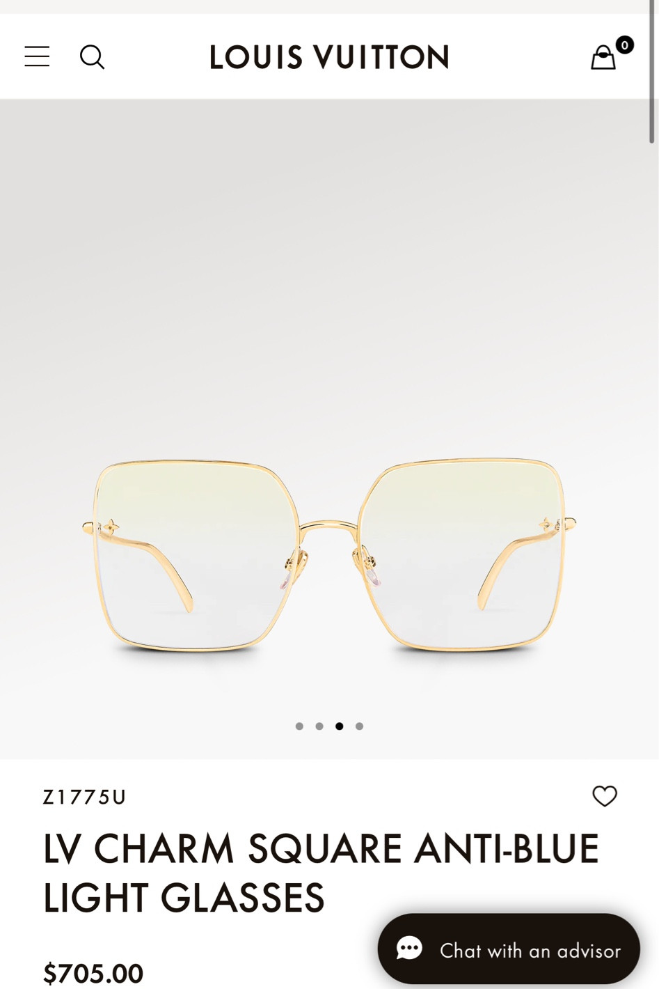 Louis Vuitton LV Charm Square Anti-Blue Light Glasses Gold (Z1775U