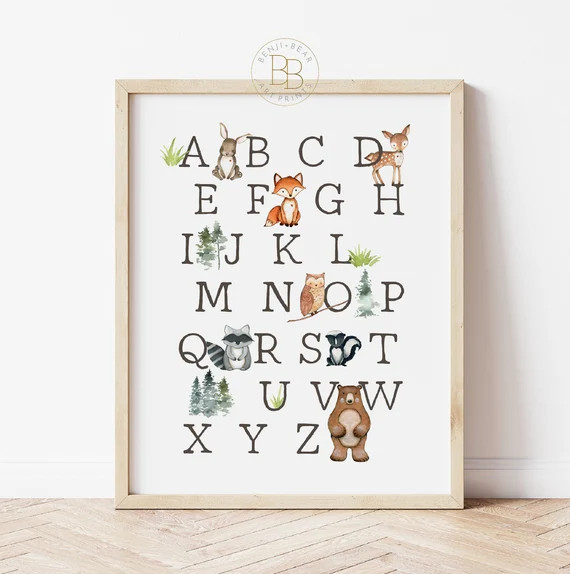 Alphabet Print, Woodland Nursery Print, Woodland Nursery Decor, Girl Wall Art, Boy Wall Art, Wood... | Etsy (US)