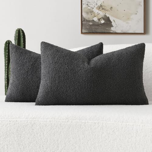FUTEI Pack of 2 Dark Grey Decorative Throw Pillow Covers 12x20 Inch Soft Cozy Solid Boucle Textured Lumbar Pillow Cases,Modern Home Decor for Couch Bed Living Room | Amazon (US)
