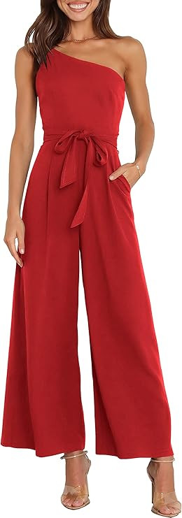 ANRABESS Women's Summer One Shoulder Strap Tie Waist Backless Casual Wide Leg Jumpsuit Romper wit... | Amazon (US)