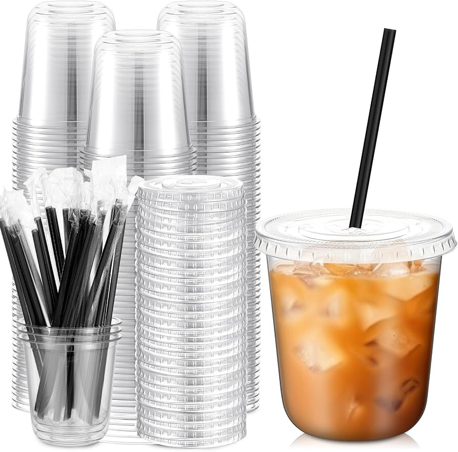 100 Set 12 oz Clear Plastic Cups with Lids and Straws, Disposable Iced Coffee PET Cups for Drinki... | Amazon (US)