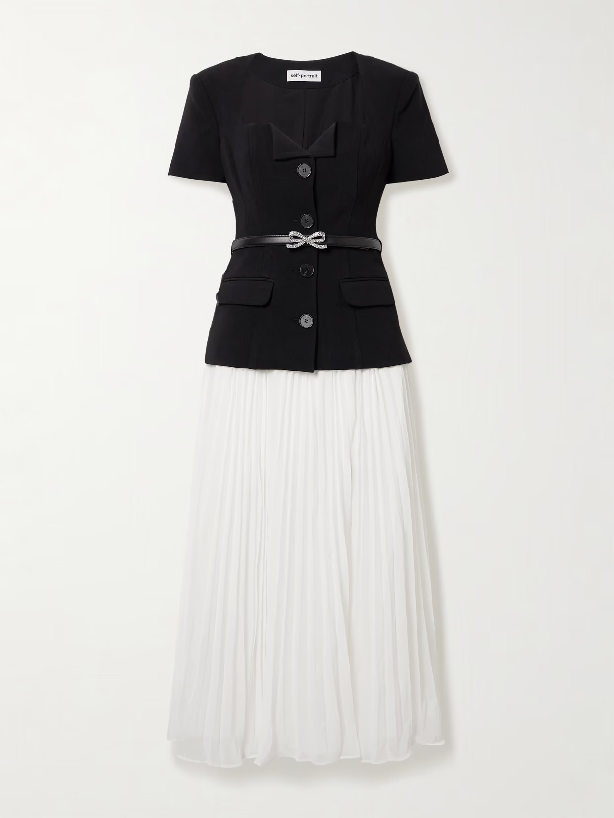 Self-Portrait - Embellished Belted Crepe And Pleated Chiffon Midi Dress - Black | NET-A-PORTER (US)