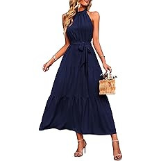 PRETTYGARDEN Women's Summer Floral Maxi Sun Dress Sleeveless Halter Neck Flowy Ruffle Hem Long Bo... | Amazon (US)