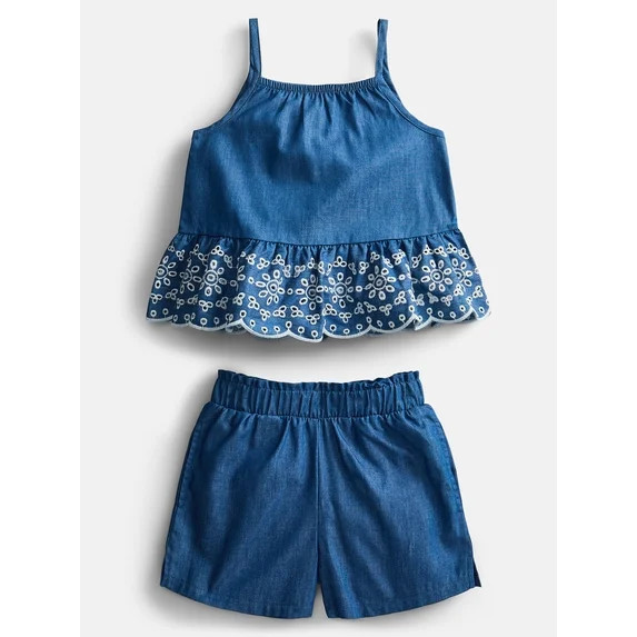 Wonder Nation Toddler Girls Scalloped Tank Top and Matching Shorts Set, 2-Piece, Sizes 12M-5T | Walmart (US)