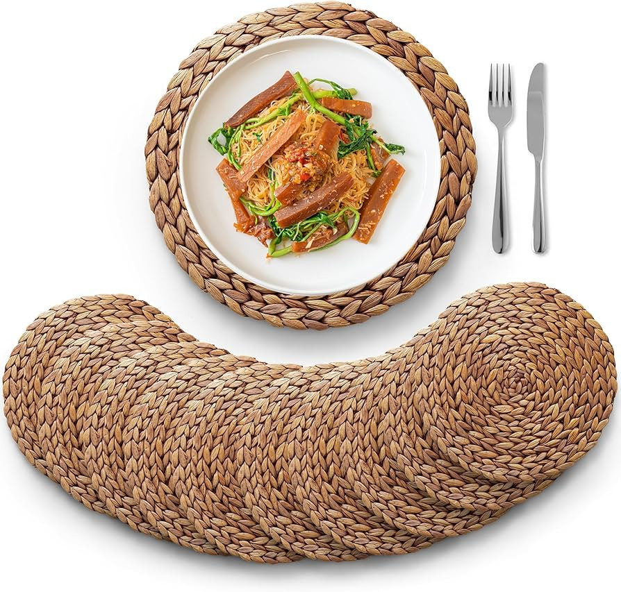 (Sizes: 12"-13"-14") BLUEWEST Woven Placemats 13'' (Set of 10), Brown Round Rattan Water Hyacinth... | Amazon (US)