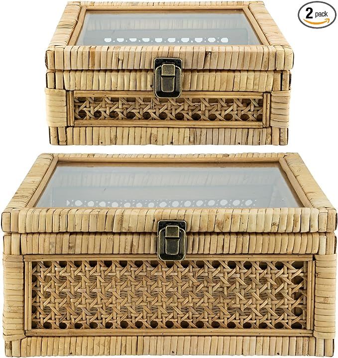 Rattan Square Box with Lid - Set of 2 Wicker Decorative Bins with Glass Cover for Display | Amazon (US)