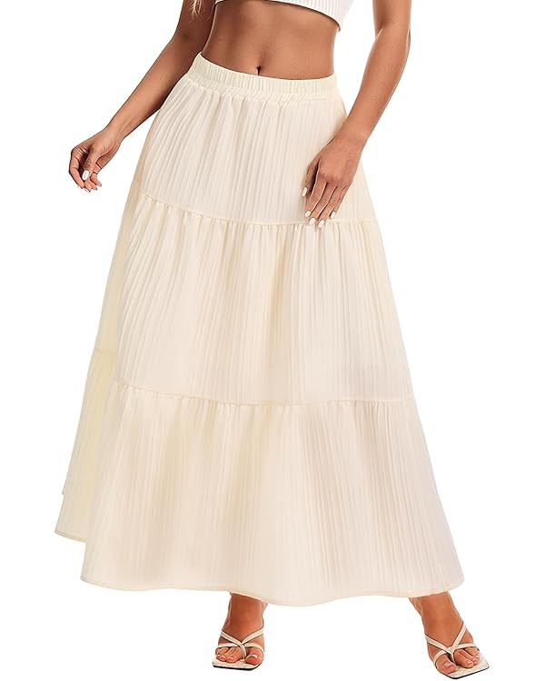 Womens Maxi Skirt Boho Long Flowy Skirts Trendy Summer 2026 Tiered Ruffle Skirt A Line Casual Bea... | Amazon (US)