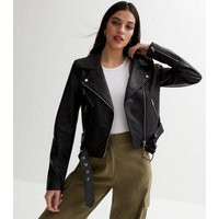 ONLY Black Leather-Look Belted Biker Jacket New Look | New Look (UK)