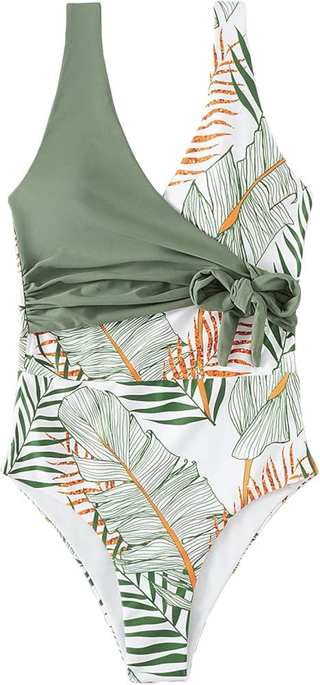 MakeMeChic Women's Tropical One Piece Bathing Suit Floral Wrap Tie Front One Piece Swimsuit | Amazon (US)