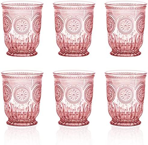 Colored glassware set of 6 pink glassware pink glass cups, pink glasses drinking, vintage drinkin... | Amazon (US)