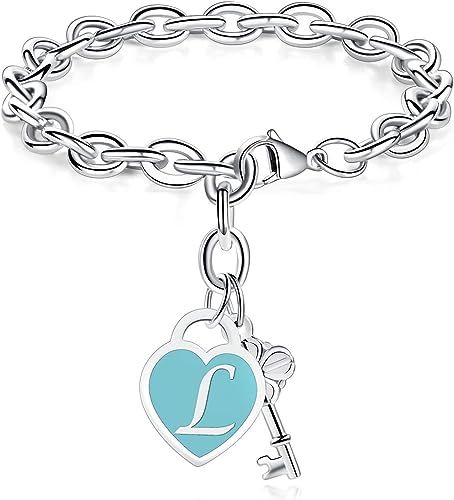 TONY & SANDY Initial Bracelets Heart Engraved 26 Letters Charms Bracelet Stainless Steel Silver ... | Amazon (US)