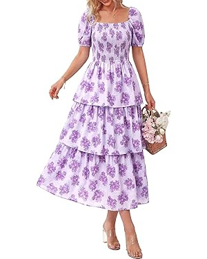 BTFBM Womens Square Neck Smocked Dress Summer Puff Short Sleeve Floral Casual Ruffle Tiered Maxi ... | Amazon (US)