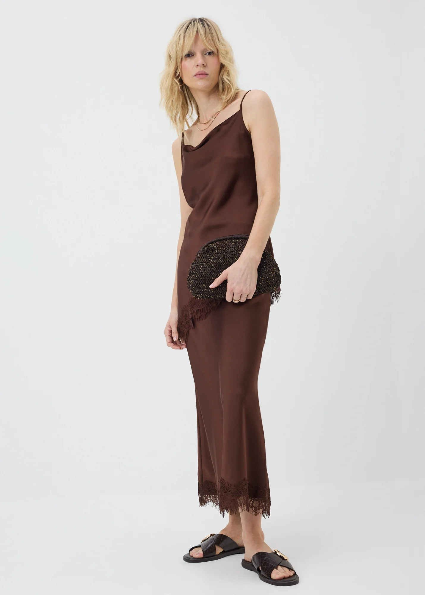 Chocolate Brown Satin Lace Cowl Longline Cami Top | Matalan (UK)