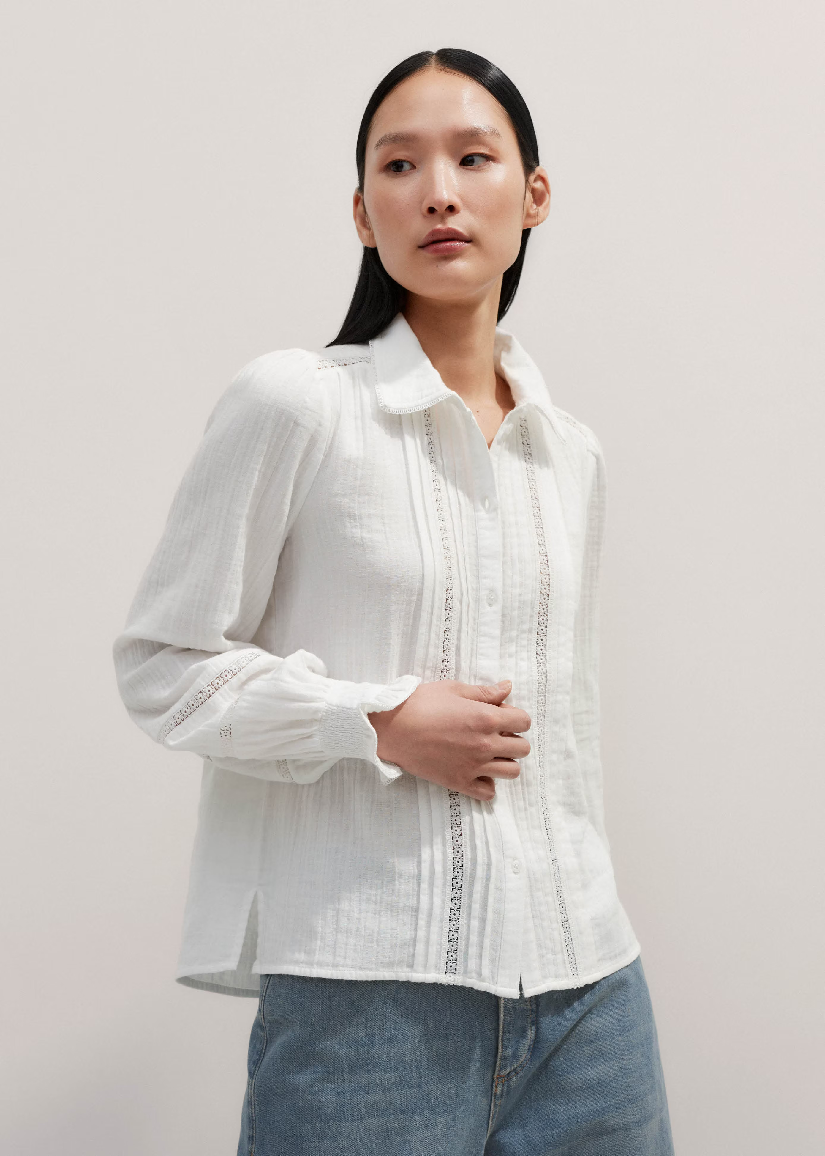 Women's White Cheesecloth Lace Trim Long Sleeve Blouse | ME+EM | ME+EM US