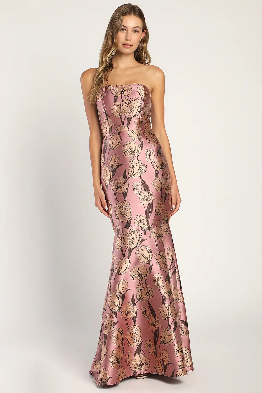 Gowning Around Mauve Floral Jacquard Strapless Maxi Dress | Lulus