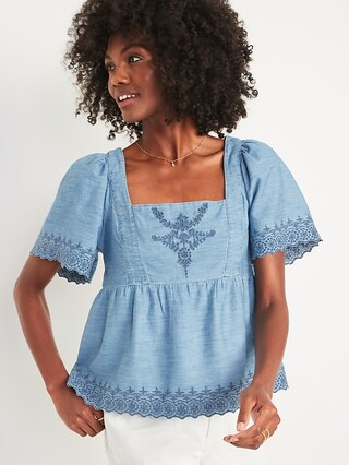 Matching Chambray Flutter-Sleeve Embroidered Tie-Back Top for Women | Old Navy (US)