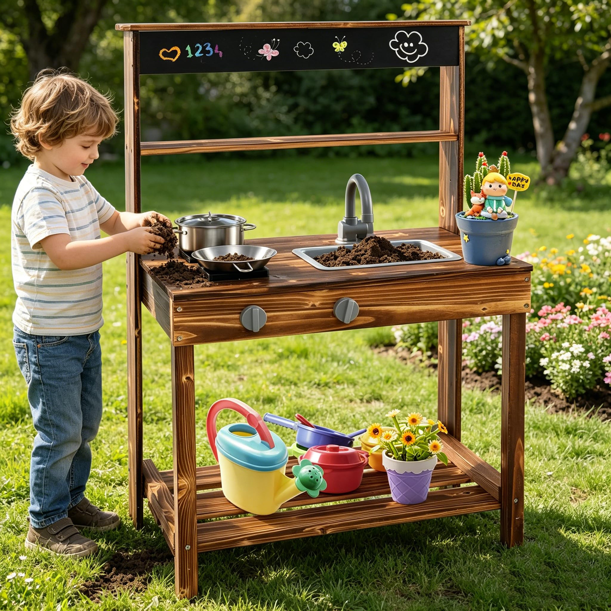 HONEY JOY Mud Kitchen, Fir Wood Outdoor Play Kitchen for Toddlers, Realistic Faucet & Garden Sink... | Amazon (US)