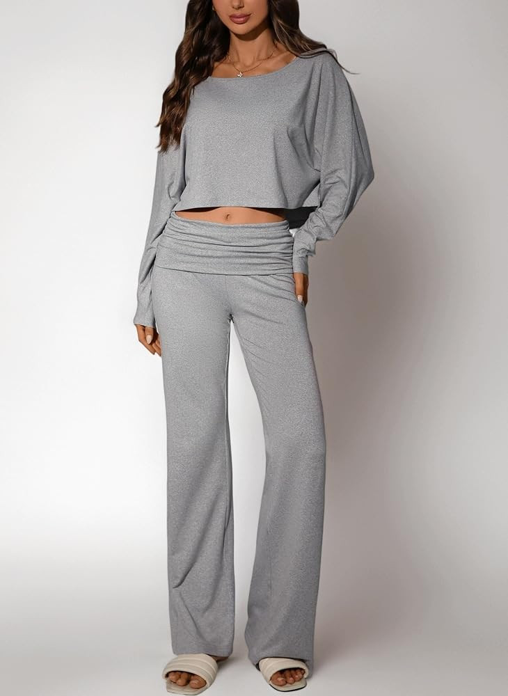 Women’s 2 Piece Lounge Set, Long Sleeve Off Shoulder Top & Wide Leg Pants – Soft, Stretchy Ou... | Amazon (UK)