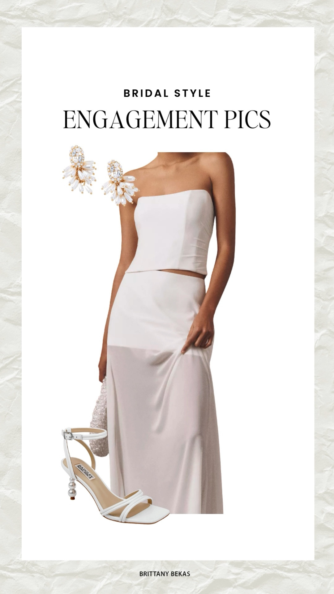 Bridal style for engagement photos. White engagement outfits for engagement pictures. Bridal heels. Bridal earrings. Pearl earrings  

#LTKWedding