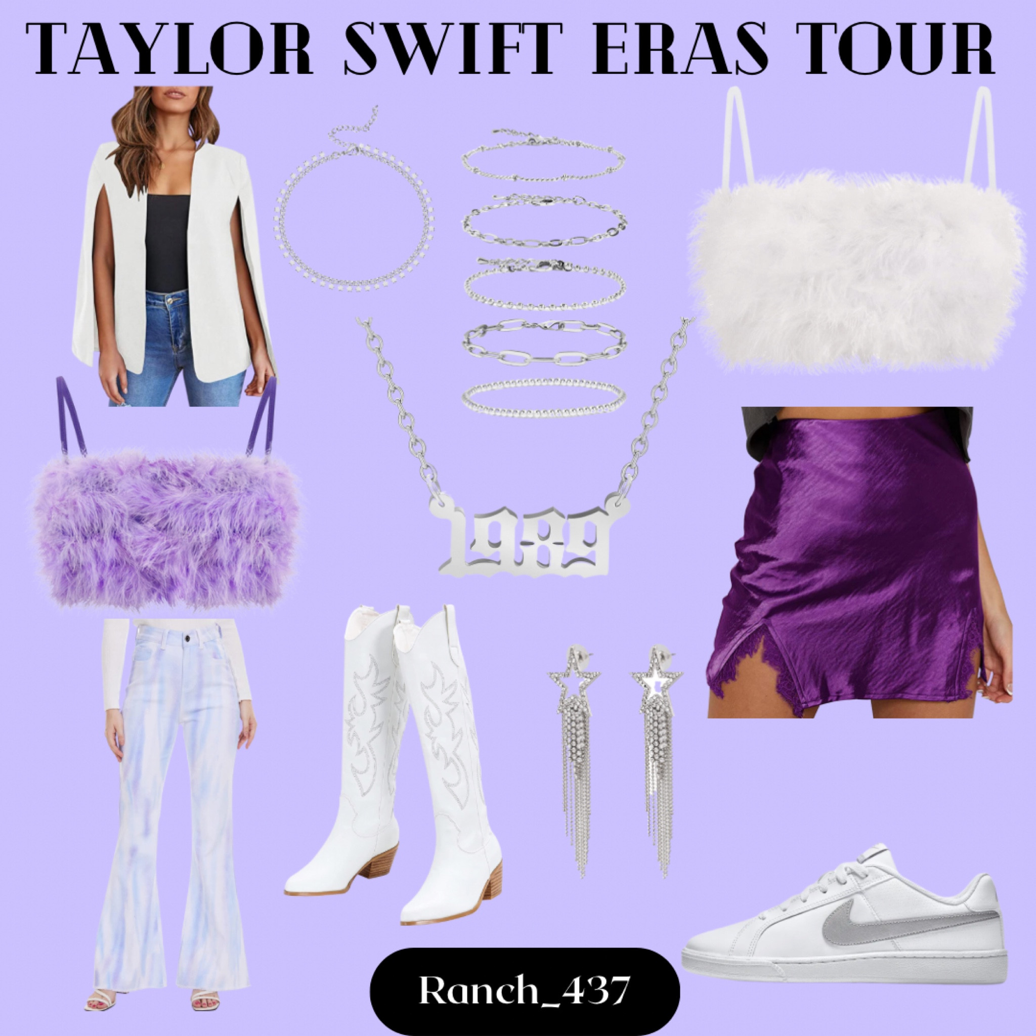 Taylor swift eras tour outfit inspo! 

Knee high boots, Nike sneakers, white blazer, bell bottom jeans, feather top, silver jewelry, 1989, stars, bulk bracelets, silk skirt 

#LTKFind #LTKunder50