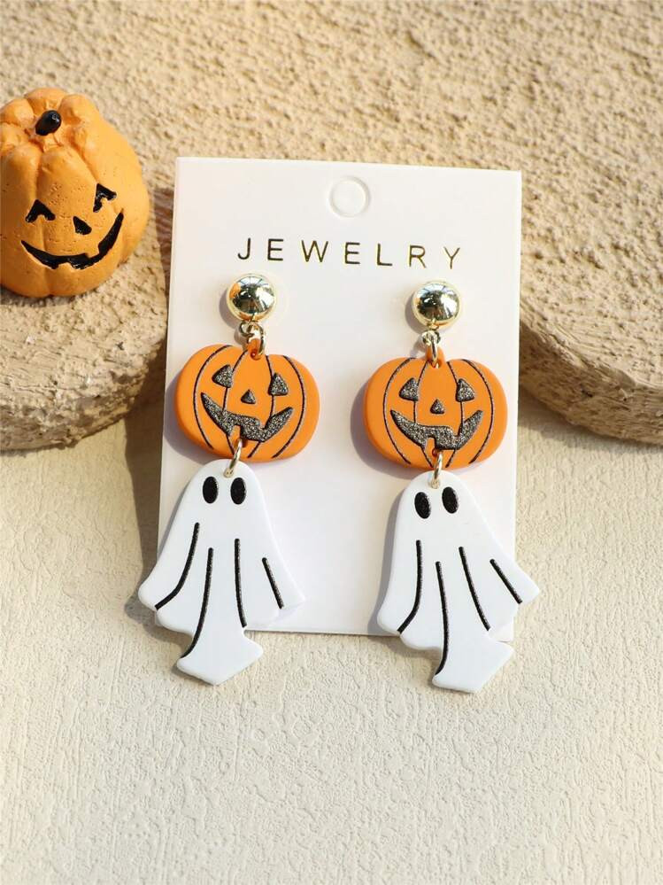 1 Pair Women's Halloween Pumpkin Lantern & Ghost Print Ceramic Texture Unique Design Funny Cute H... | SHEIN