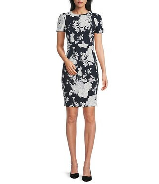 Floral Print Scuba Crepe Crew Neck Short Sleeve Dress | Dillard's