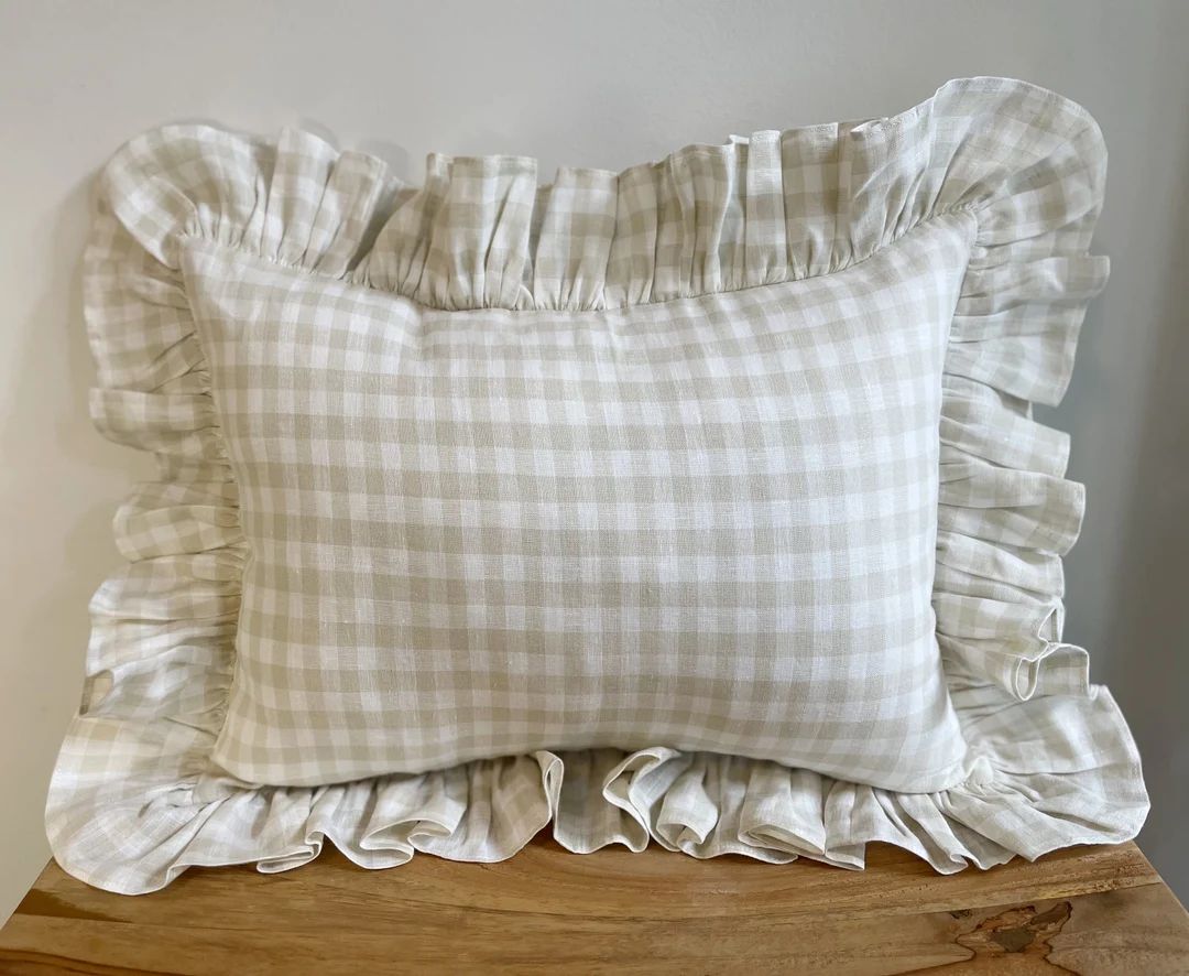 Linen Ruffle Mini Cushion in Beige Gingham - Etsy | Etsy (US)
